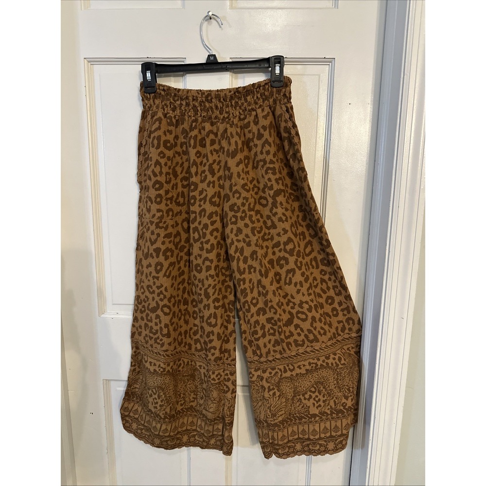 Soft Surroundings Women Wide Leg Haya Crop Mocha Leopard Print Wide-Leg Pants S